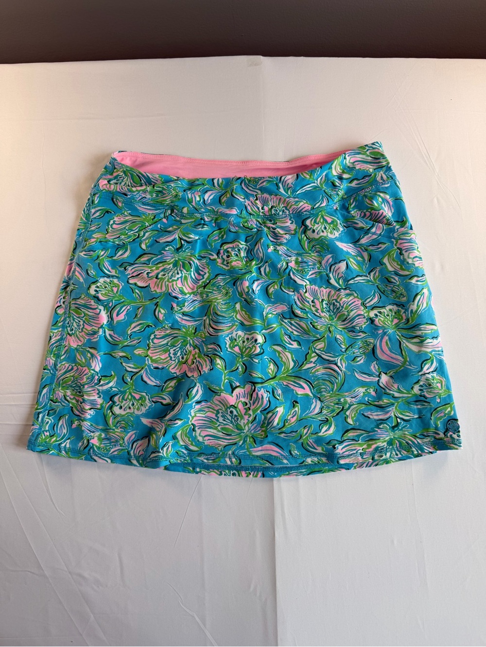 Lilly Pulitzer Luxletic Aqua Floral Skirt with Pink lining and built in short
